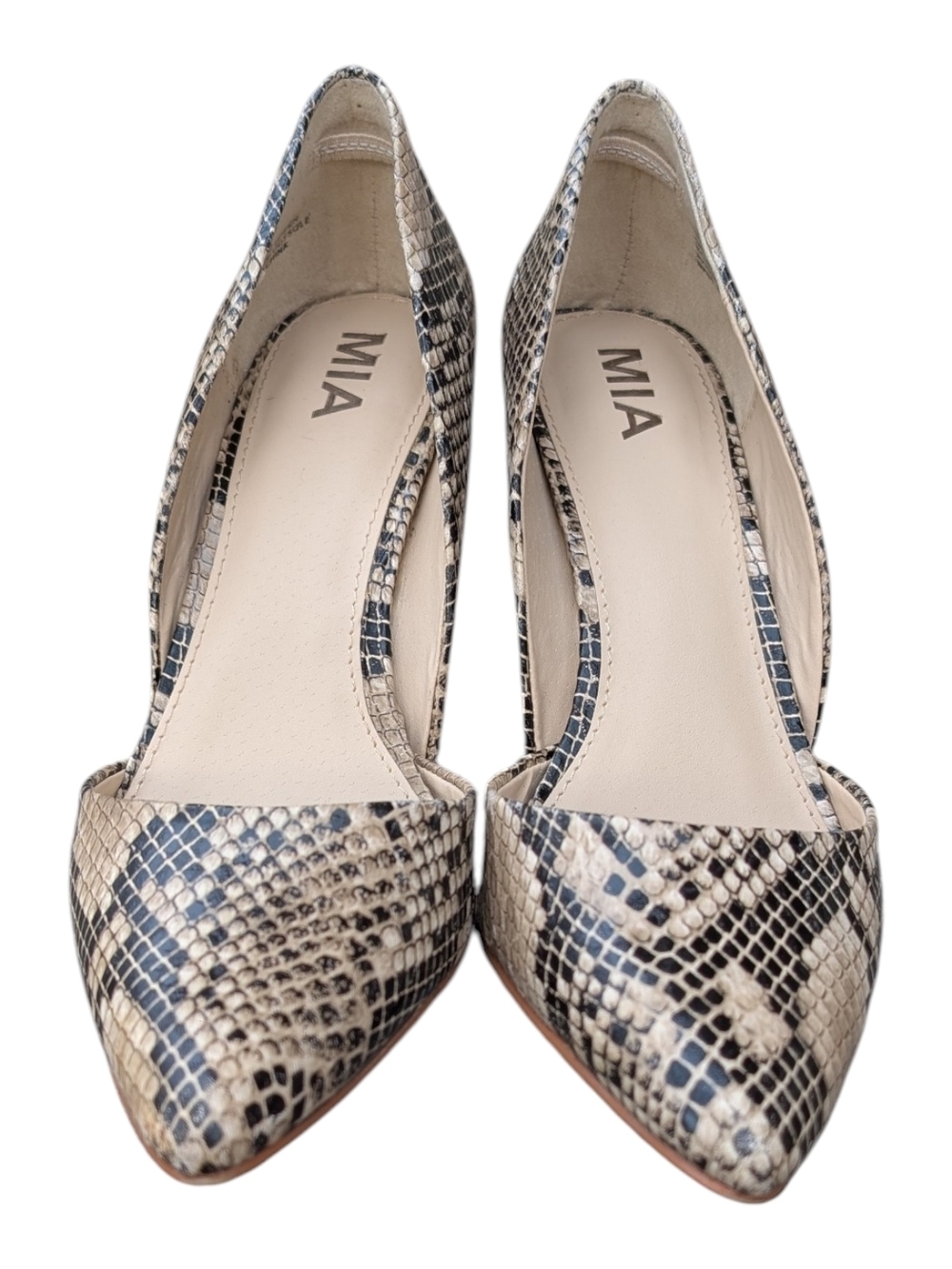 MIA Snake-Print Pointed Toe Pumps in Beige and Black - Picture 3 of 12